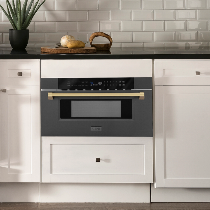 ZLINE Autograph Package - 36 In. Dual Fuel Range, Range Hood, Refrigerator, Microwave and Dishwasher in Black Stainless Steel with Bronze Accents