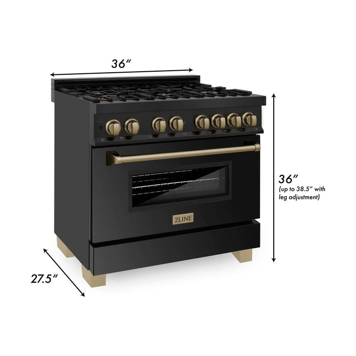 ZLINE Autograph Package - 36 In. Dual Fuel Range, Range Hood, Refrigerator, Microwave and Dishwasher in Black Stainless Steel with Bronze Accents