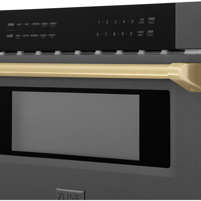 ZLINE Autograph Package - 36 In. Dual Fuel Range, Range Hood, Refrigerator, Microwave and Dishwasher in Black Stainless Steel with Bronze Accents