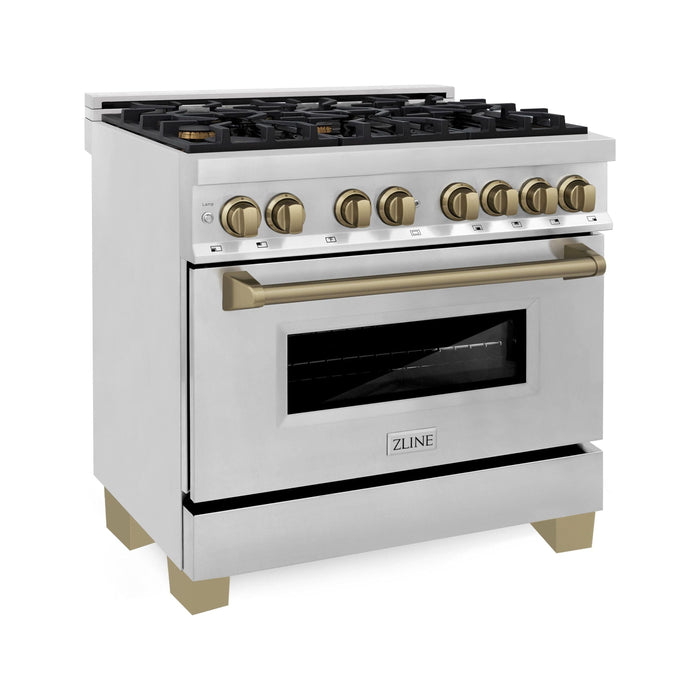 ZLINE Autograph Package - 36 In. Dual Fuel Range, Range Hood, Refrigerator, Microwave and Dishwasher in Stainless Steel with Bronze Accents