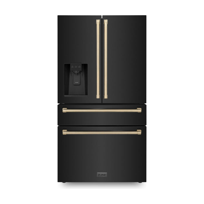 ZLINE Autograph Package - 36 In. Dual Fuel Range, Range Hood, Refrigerator with Water and Ice Dispenser, and Dishwasher in Black Stainless Steel with Champagne Bronze Accents, 4KAPR-RABRHDWV36-CB