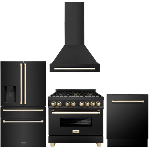 ZLINE Autograph Package - 36 In. Dual Fuel Range, Range Hood, Refrigerator with Water and Ice Dispenser, and Dishwasher in Black Stainless Steel with Gold Accents, 4KAPR-RABRHDWV36-G