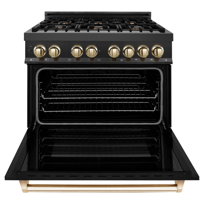 ZLINE Autograph Package - 36 In. Dual Fuel Range, Range Hood, Refrigerator with Water and Ice Dispenser, and Dishwasher in Black Stainless Steel with Gold Accents, 4KAPR-RABRHDWV36-G