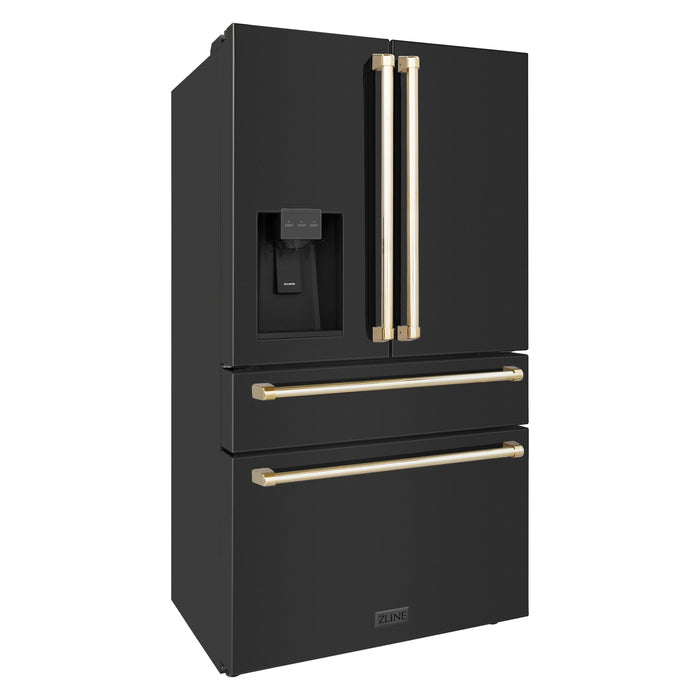 ZLINE Autograph Package - 36 In. Dual Fuel Range, Range Hood, Refrigerator with Water and Ice Dispenser, and Dishwasher in Black Stainless Steel with Gold Accents, 4KAPR-RABRHDWV36-G