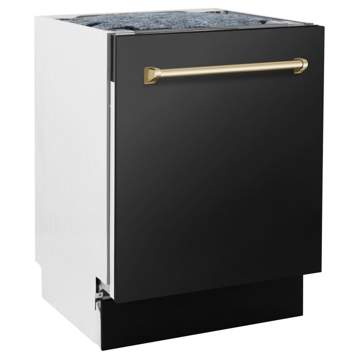 ZLINE Autograph Package - 36 In. Dual Fuel Range, Range Hood, Refrigerator with Water and Ice Dispenser, Microwave and Dishwasher in Black Stainless Steel with Gold Accents