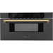 ZLINE Autograph Package - 36 In. Dual Fuel Range, Range Hood, Refrigerator with Water and Ice Dispenser, Microwave and Dishwasher in Black Stainless Steel with Gold Accents