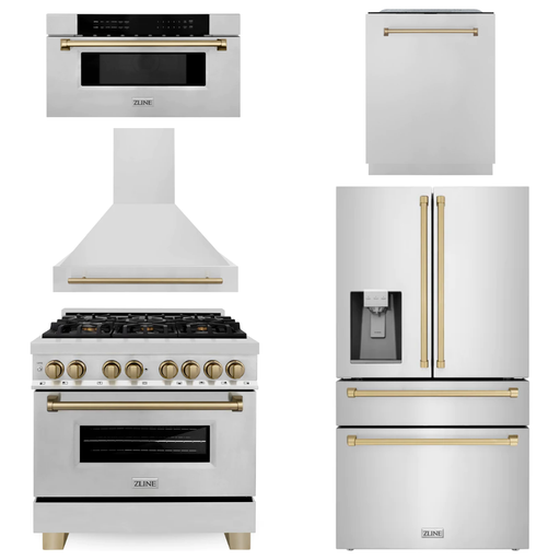 ZLINE Autograph Package - 36 In. Dual Fuel Range, Range Hood, Refrigerator with Water and Ice Dispenser, Microwave and Dishwasher in Stainless Steel with Bronze Accents