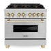 ZLINE Autograph Package - 36 In. Dual Fuel Range, Range Hood, Refrigerator with Water and Ice Dispenser, Microwave and Dishwasher in Stainless Steel with Gold Accents