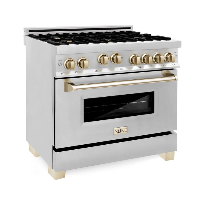 ZLINE Kitchen Appliance Packages ZLINE Autograph Package - 36 In. Gas Range and Range Hood in Stainless Steel with Gold Accents, 2AKP-RGRH36-G