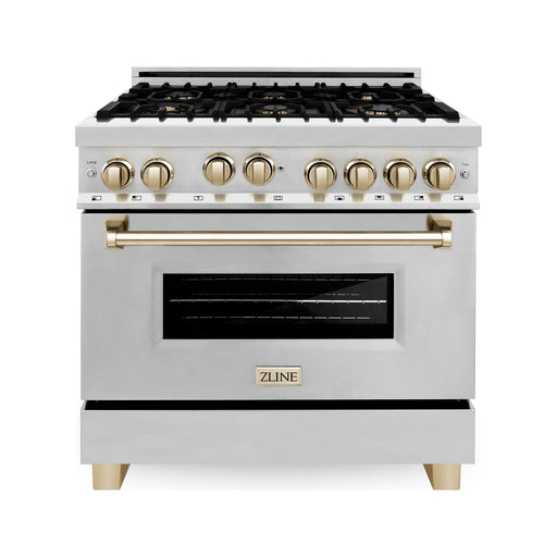 ZLINE Autograph Package - 36 In. Gas Range and Range Hood in Stainless Steel with Gold Accents, 2AKP-RGRH36-G