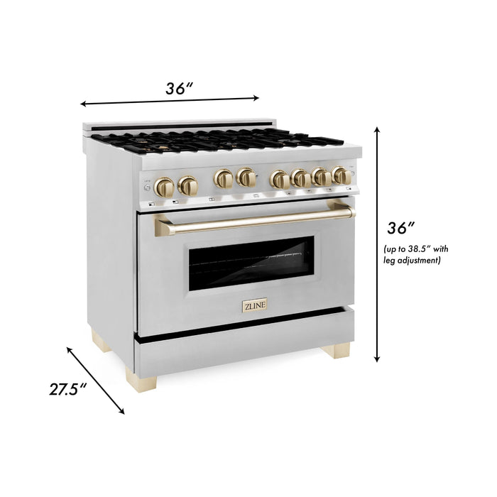 ZLINE Autograph Package - 36 In. Gas Range and Range Hood in Stainless Steel with Gold Accents, 2AKP-RGRH36-G