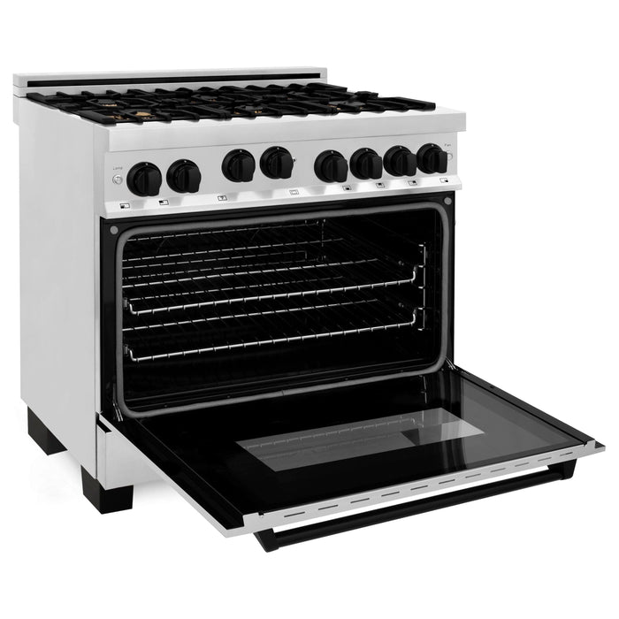 ZLINE Autograph Package - 36 In. Gas Range and Range Hood in Stainless Steel with Matte Black Accents, 2AKP-RGRH36-MB