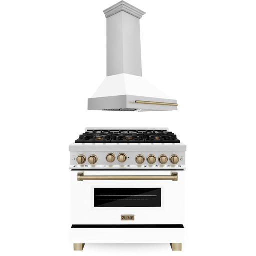 ZLINE Autograph Package - 36 In. Gas Range and Range Hood with White Matte Door and Bronze Accents, 2AKP-RGWMRH36-CB