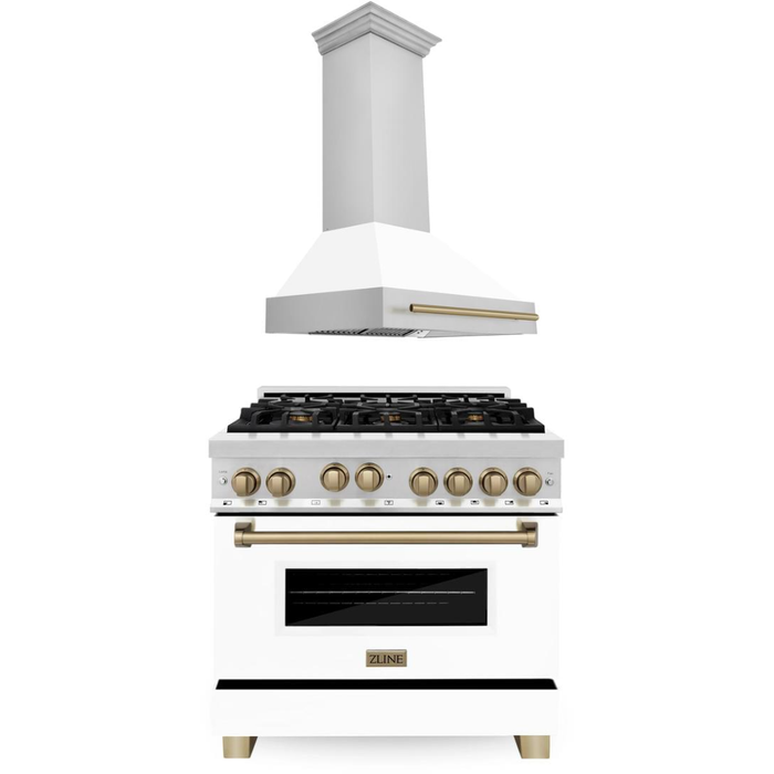 ZLINE Autograph Package - 36 In. Gas Range and Range Hood with White Matte Door and Bronze Accents, 2AKP-RGWMRH36-CB