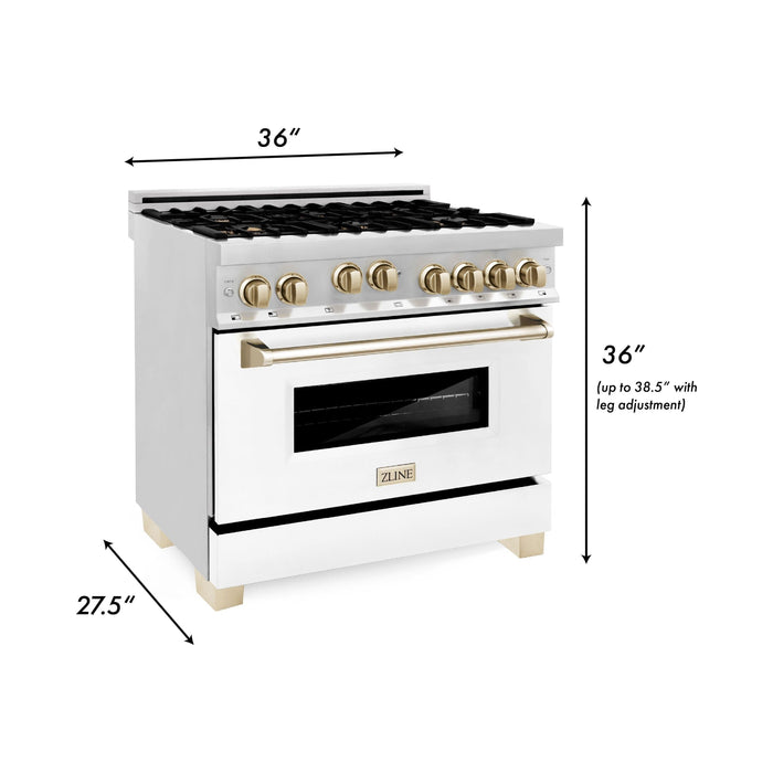 ZLINE Kitchen Appliance Packages ZLINE Autograph Package - 36 In. Gas Range and Range Hood with White Matte Door and Gold Accents, 2AKP-RGWMRH36-G