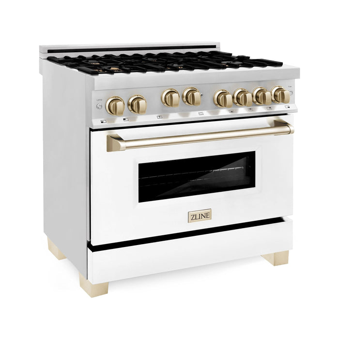 ZLINE Autograph Package - 36 In. Gas Range and Range Hood with White Matte Door and Gold Accents, 2AKP-RGWMRH36-G