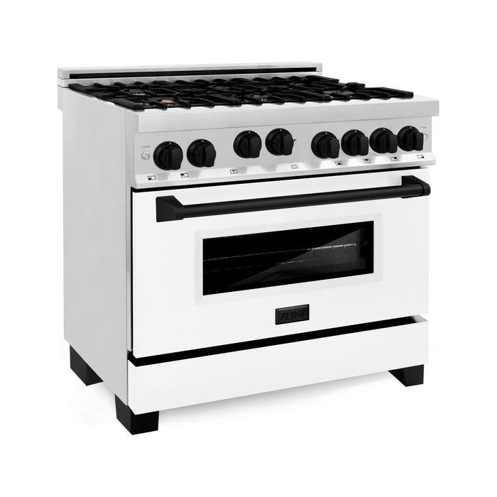 ZLINE Kitchen Appliance Packages ZLINE Autograph Package - 36 In. Gas Range and Range Hood with White Matte Door and Matte Black Accents, 2AKP-RGWMRH36-MB