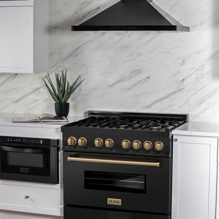 ZLINE Kitchen Appliance Packages ZLINE Autograph Package - 36 In. Gas Range, Range Hood, Dishwasher in Black Stainless Steel with Champagne Bronze Accents, 3AKP-RGBRHDWV36-CB