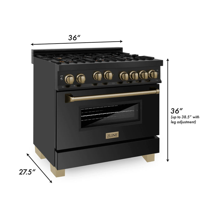 ZLINE Autograph Package - 36 In. Gas Range, Range Hood, Dishwasher in Black Stainless Steel with Champagne Bronze Accents, 3AKP-RGBRHDWV36-CB