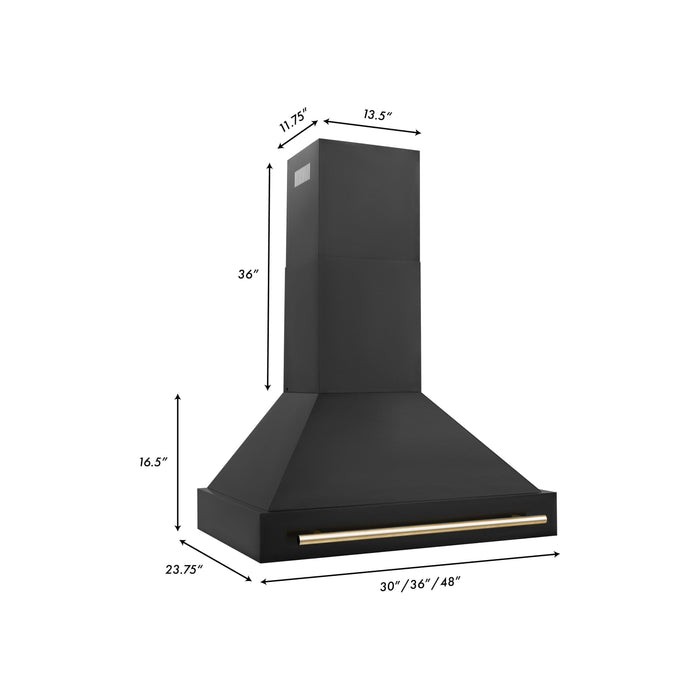 ZLINE Autograph Package - 36 In. Gas Range, Range Hood, Dishwasher in Black Stainless Steel with Gold Accents, 3AKP-RGBRHDWV36-G