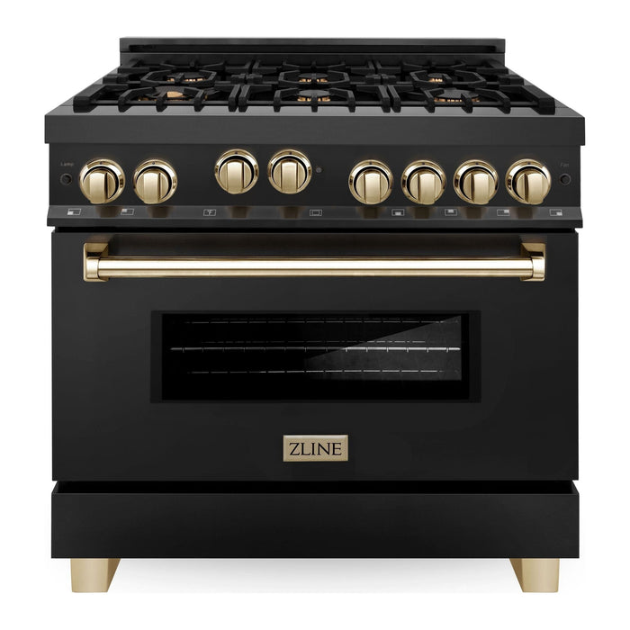 ZLINE Autograph Package - 36 In. Gas Range, Range Hood, Dishwasher in Black Stainless Steel with Gold Accents, 3AKP-RGBRHDWV36-G