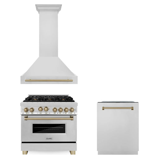ZLINE Kitchen Appliance Packages ZLINE Autograph Package - 36 In. Gas Range, Range Hood, Dishwasher in Stainless Steel with Champagne Bronze Accents, 3AKP-RGRHDWM36-CB