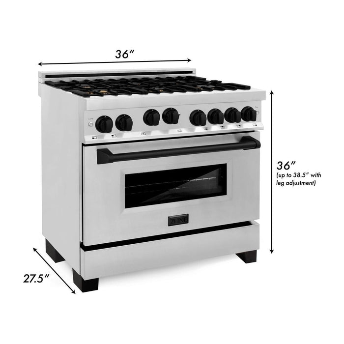 ZLINE Kitchen Appliance Packages ZLINE Autograph Package - 36 In. Gas Range, Range Hood, Dishwasher in Stainless Steel with Matte Black Accents, 3AKP-RGRHDWM36-MB