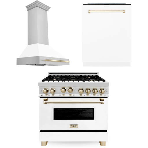ZLINE Kitchen Appliance Packages ZLINE Autograph Package - 36 In. Gas Range, Range Hood, Dishwasher in White with Gold Accents, 3AKP-RGWMRHDWM36-G