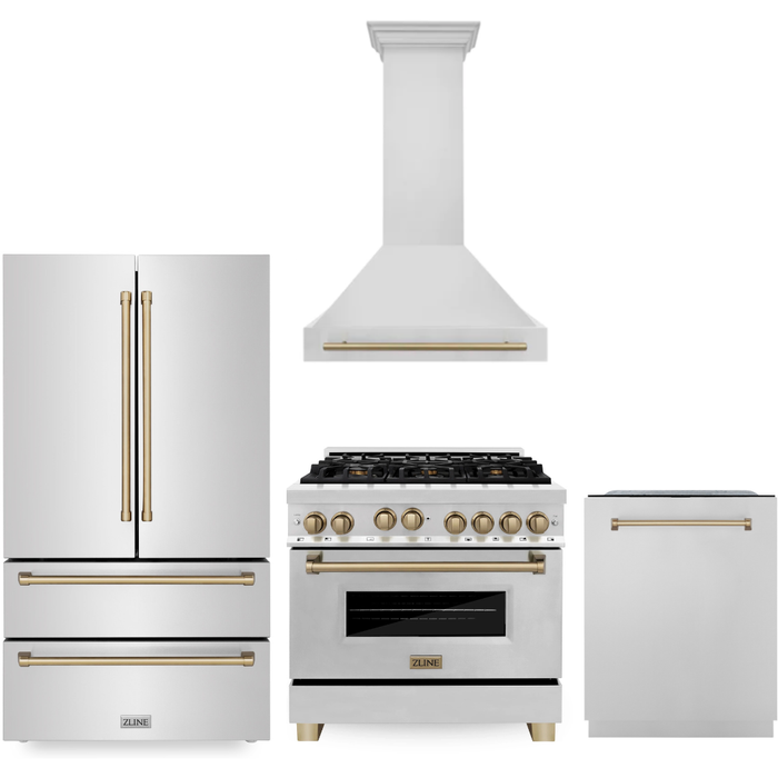 ZLINE Autograph Package - 36 In. Gas Range, Range Hood, Dishwasher, Refrigerator with Champagne Bronze Accents, 4KAPR-RGRHDWM36-CB