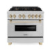 ZLINE Autograph Package - 36 In. Gas Range, Range Hood, Dishwasher, Refrigerator with Gold Accents, 4KAPR-RGRHDWM36-G