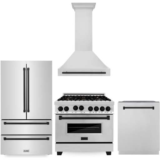 ZLINE Autograph Package - 36 In. Gas Range, Range Hood, Dishwasher, Refrigerator with Matte Black Accents, 4KAPR-RGRHDWM36-MB