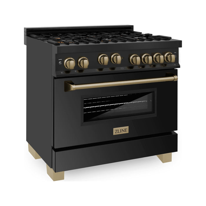 ZLINE Kitchen Appliance Packages ZLINE Autograph Package - 36 In. Gas Range, Range Hood in Black Stainless Steel with Champagne Bronze Accents, 2AKP-RGBRH36-CB