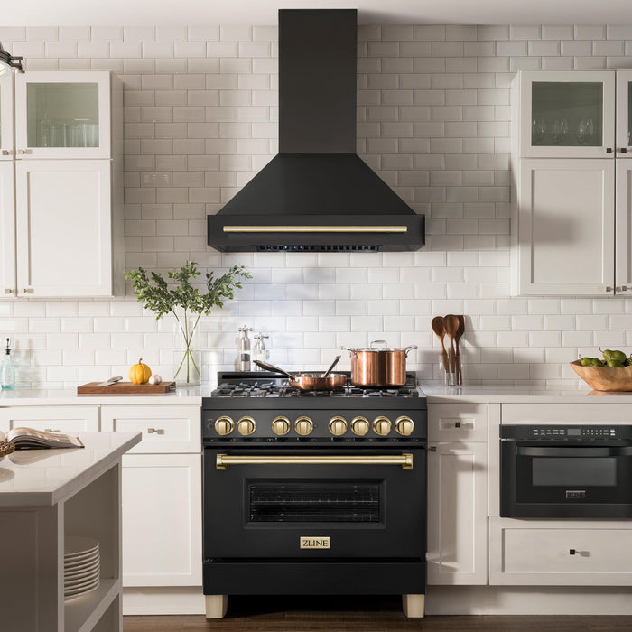 ZLINE Autograph Package - 36 In. Gas Range, Range Hood in Black Stainless Steel with Gold, 2AKP-RGBRH36-G