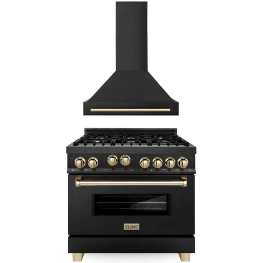 ZLINE Autograph Package - 36 In. Gas Range, Range Hood in Black Stainless Steel with Gold, 2AKP-RGBRH36-G