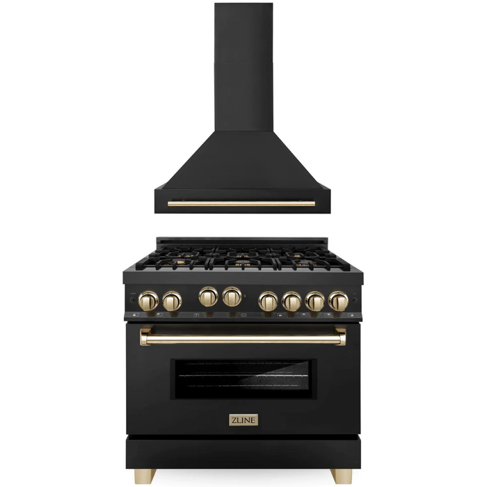 ZLINE Autograph Package - 36 In. Gas Range, Range Hood in Black Stainless Steel with Gold, 2AKP-RGBRH36-G