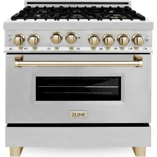 ZLINE Autograph Package - 36 In. Gas Range, Range Hood, Refrigerator, and Dishwasher in Stainless Steel with Champagne Bronze Accents, 4AKPR-RGRHDWM36-CB