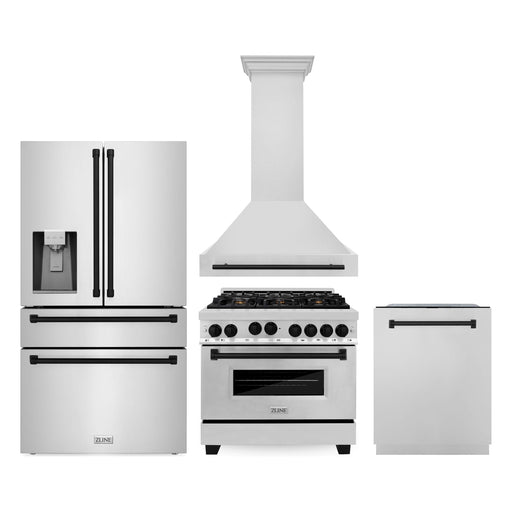 ZLINE Autograph Package - 36 In. Gas Range, Range Hood, Refrigerator, and Dishwasher in Stainless Steel with Matte Black Accents, 4AKPR-RGRHDWM36-MB