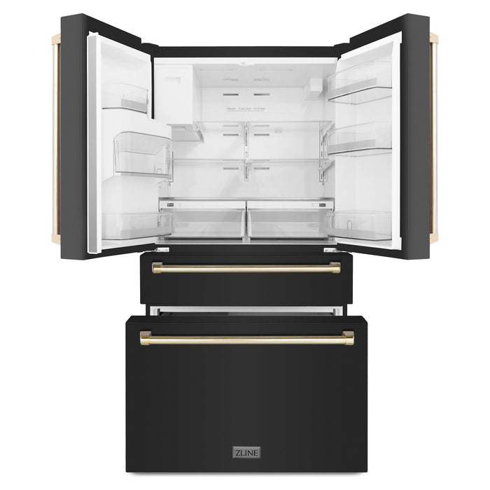 ZLINE Autograph Package - 36 In. Gas Range, Range Hood, Refrigerator with Water and Ice Dispenser, and Dishwasher in Black Stainless Steel with Gold Accents, 4KAPR-RGBRHDWV36-G