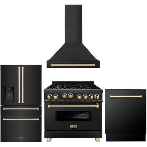 ZLINE Autograph Package - 36 In. Gas Range, Range Hood, Refrigerator with Water and Ice Dispenser, and Dishwasher in Black Stainless Steel with Gold Accents, 4KAPR-RGBRHDWV36-G