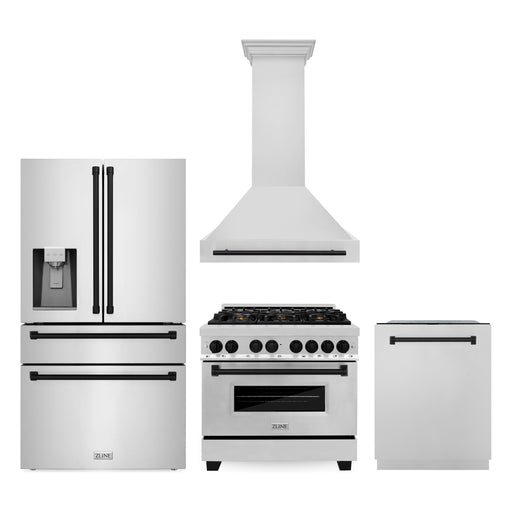 ZLINE Autograph Package - 36 Inch Dual Fuel Range, Range Hood, Dishwasher, Refrigerator with Water and Ice Dispenser in Stainless Steel with Matte Black Accents, 4AKPR-RARHDWM36-MB