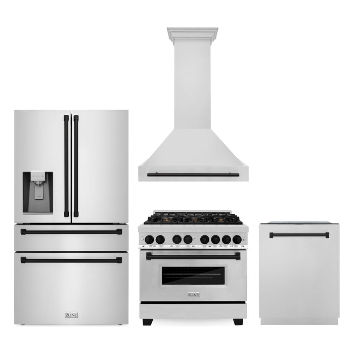 ZLINE Autograph Package - 36 Inch Dual Fuel Range, Range Hood, Dishwasher, Refrigerator with Water and Ice Dispenser in Stainless Steel with Matte Black Accents, 4AKPR-RARHDWM36-MB