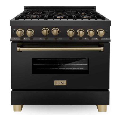 ZLINE Autograph Package - 36 Inch Gas Range, Range Hood, Dishwasher, Refrigerator in Black with Champagne Bronze Accents, 4AKPR-RGBRHDWV36-CB