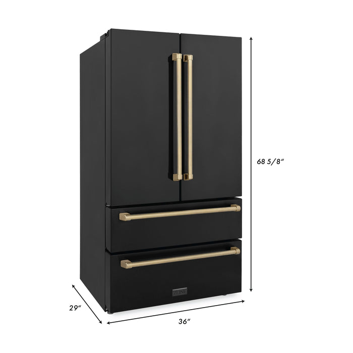 ZLINE Autograph Package - 36 Inch Gas Range, Range Hood, Dishwasher, Refrigerator in Black with Champagne Bronze Accents, 4AKPR-RGBRHDWV36-CB