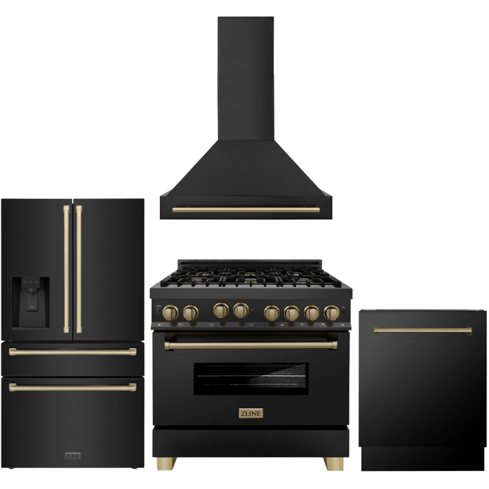 ZLINE Autograph Package - 36 Inch Gas Range, Range Hood, Dishwasher, Refrigerator with Water and Ice Dispenser in Black with Champagne Bronze Accents, 4KAPR-RGBRHDWV36-CB