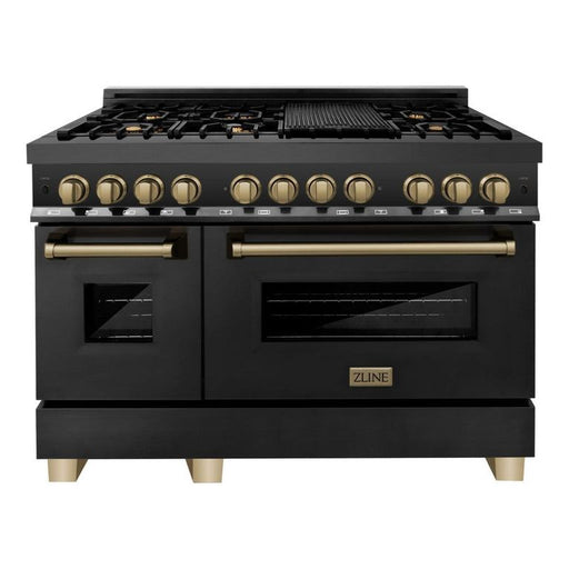 ZLINE Kitchen Appliance Packages ZLINE Autograph Package - 48" Dual Fuel Range, Range Hood, Refrigerator, Microwave and Dishwasher in Black Stainless Steel with Bronze Accents