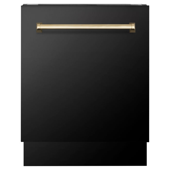 ZLINE Kitchen Appliance Packages ZLINE Autograph Package - 48" Dual Fuel Range, Range Hood, Refrigerator, Microwave and Dishwasher in Black Stainless Steel with Gold Accents