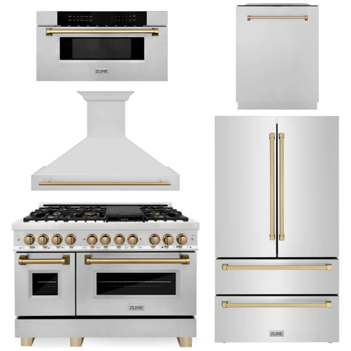 ZLINE Kitchen Appliance Packages ZLINE Autograph Package - 48" Dual Fuel Range, Range Hood, Refrigerator, Microwave and Dishwasher in Stainless Steel with Bronze Accents