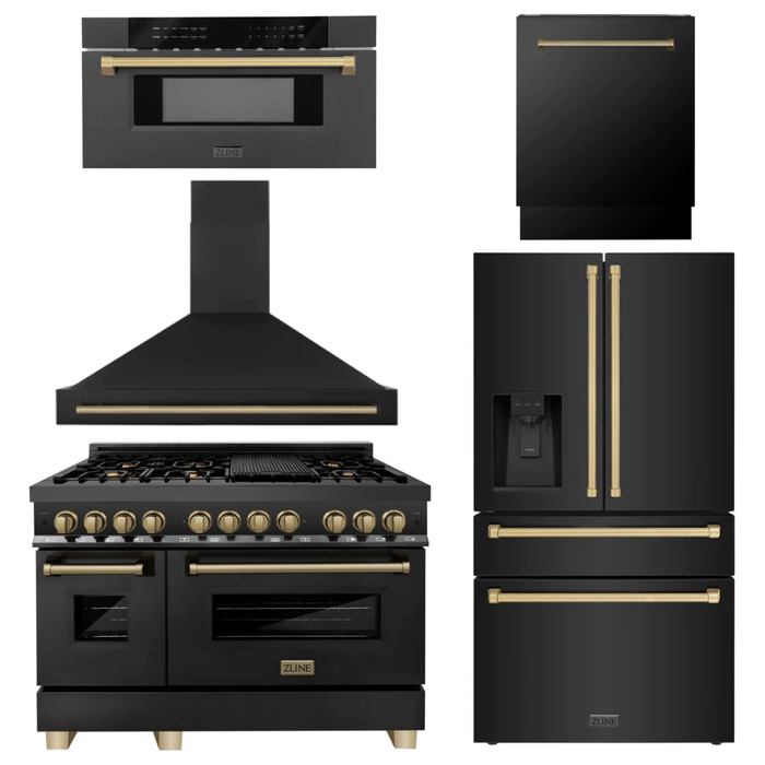 ZLINE Kitchen Appliance Packages ZLINE Autograph Package - 48" Dual Fuel Range, Range Hood, Refrigerator with Water and Ice Dispenser, Microwave and Dishwasher in Black Stainless Steel with Bronze Accents