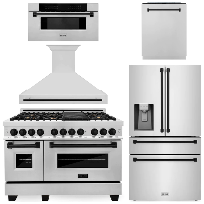 ZLINE Kitchen Appliance Packages ZLINE Autograph Package - 48" Dual Fuel Range, Range Hood, Refrigerator with Water and Ice Dispenser, Microwave and Dishwasher in Stainless Steel with Black Accents