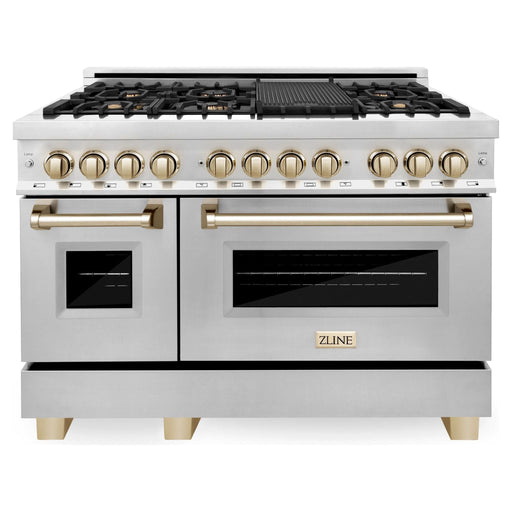 ZLINE Kitchen Appliance Packages ZLINE Autograph Package - 48" Dual Fuel Range, Range Hood, Refrigerator with Water and Ice Dispenser, Microwave and Dishwasher in Stainless Steel with Gold Accents